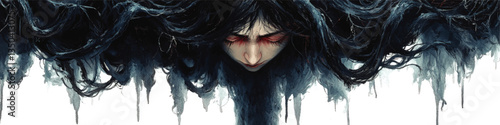 Eerie Vector Art of Woman with Flowing Dark Hair and Red Eye Makeup in Abstract Chilling Atmosphere, Blending Surreal Design and Gothic Horror Elements
