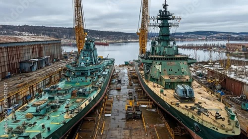 Two Warships Under Repair In A Dockyard