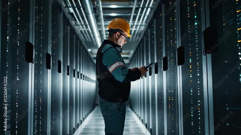 An engineer in a safety hard hat is checking data on a tablet in a hightech data center, highlighting the integration of technology and mechanical engineering in internet infrastructure An engineer in a safety hard hat is checking data on a tablet in a hightech data center, highlighting the integration of technology and mechanical engineering in internet infrastructure