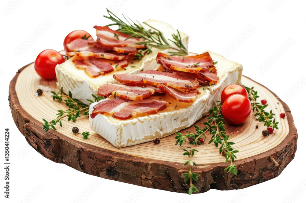 PNG Cheese and slices of smoked bacon tomato food herb. PNG Cheese and slices of smoked bacon tomato food herb.