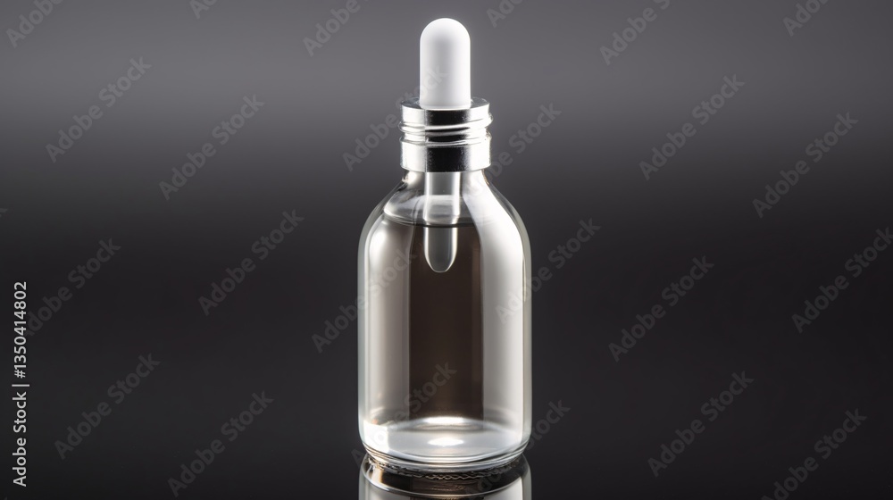Clear Glass Bottle with Dropper for Essential Oils or Serum on a Dark Reflective Surface Clear Glass Bottle with Dropper for Essential Oils or Serum on a Dark Reflective Surface