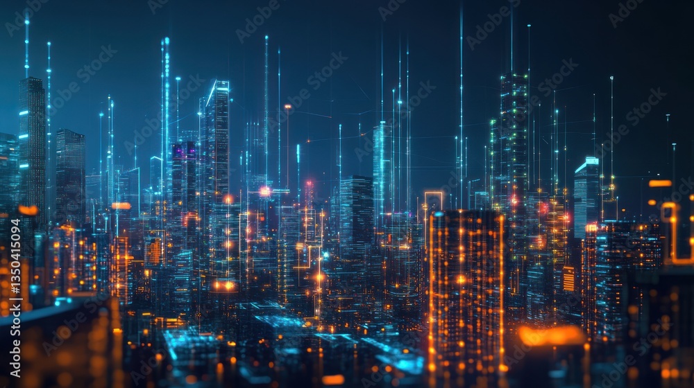 Futuristic city skyline glowing at night, aerial view, possible use for technology, design, or background Futuristic city skyline glowing at night, aerial view, possible use for technology, design, or background