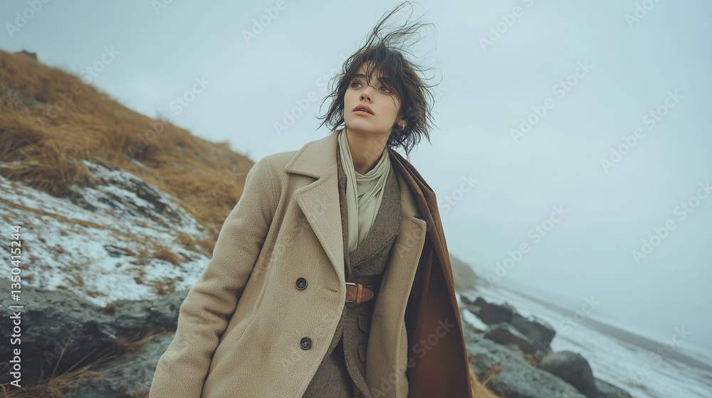 Wind-swept exploration of a solitary figure on a rugged beach during a chilly overcast day Wind-swept exploration of a solitary figure on a rugged beach during a chilly overcast day