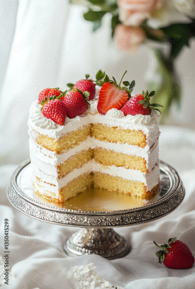 Freshly Baked Cake with Strawberries on Top, Sliced to Reveal Layers of Creamy Frosting and Moist Vanilla Sponge, Perfect for Celebrations and Events Freshly Baked Cake with Strawberries on Top, Sliced to Reveal Layers of Creamy Frosting and Moist Vanilla Sponge, Perfect for Celebrations and Events
