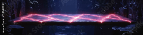 Futuristic Floating Stone Bridge with Pink Neon Lights in Mystical Cavern Environment - Vibrant Night Fantasy Landscape with Lush Vegetation and Dramatic Lighting