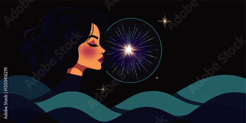 Elegant Woman Silhouette with Cosmic Starburst and Wavy Blue Design - Artistic Vector Image of Celestial Beauty and Black Night Sky for Inspiring Creative Use