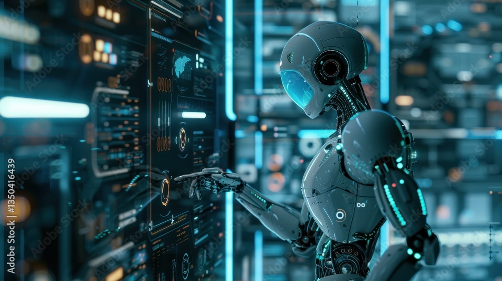 A digitally generated image of a robot creating digital illustrations. A digitally generated image of a robot creating digital illustrations.