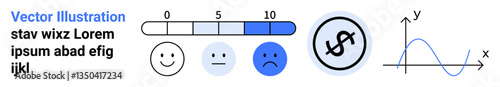 Emoticon satisfaction scale, line chart with x and y axes, and currency icon. Ideal for feedback forms, surveys, financial evaluation, analytics, performance tracking, user interface simple landing