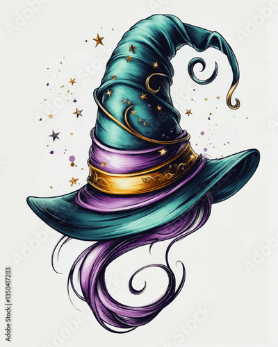 Enchanting Wizard Hat Vector Illustration with Purple and Teal Swirls, Golden Stars, and Mystical Design Elements for Creative Projects and Halloween Themes