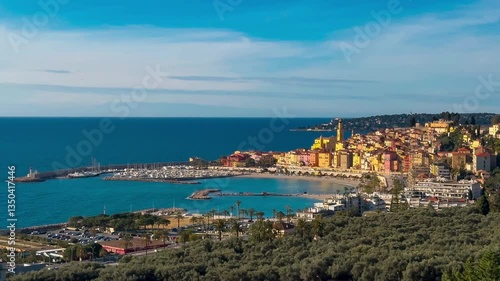 Wallpaper Mural Panoramic view from above of colorful houses, marina and waterfront in Menton, Provence, Alps, Cote d'Azur France. High quality 4k footage Torontodigital.ca