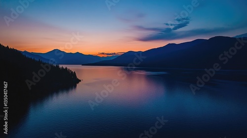 Aerial view of lakeshore at dusk with silhouette mountains