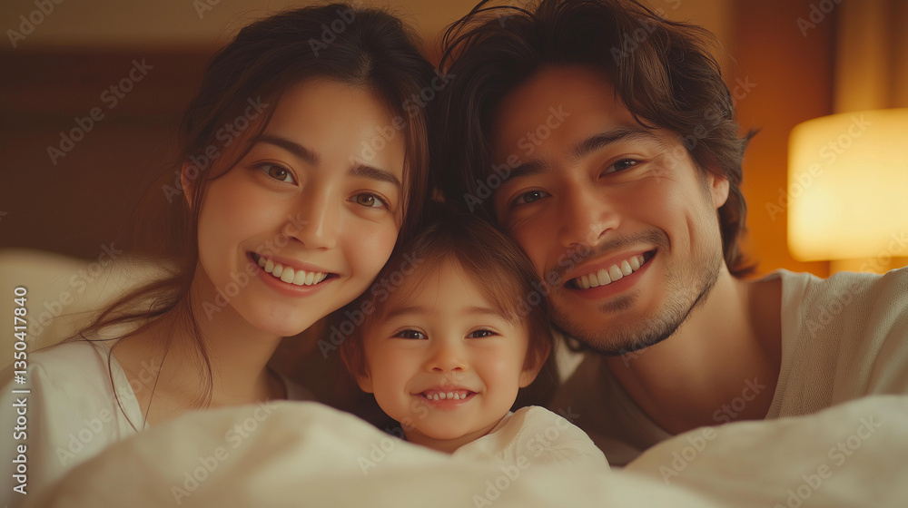 Joyful family moment captured in a cozy atmosphere during a warm evening at home, radiating love and happiness with their daughter snuggled close Joyful family moment captured in a cozy atmosphere during a warm evening at home, radiating love and happiness with their daughter snuggled close