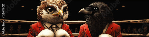 Vector Art of Owl and Crow in Boxing Match with Red Blazers and Gloves in Ring Arena Conceptual Animal Sports Illustration for Competitive Themes