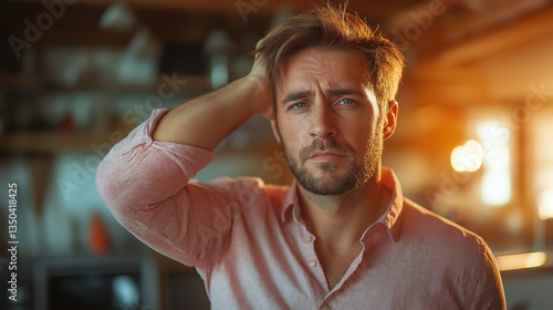 Handsome young man with tousled hair looks thoughtfully into the distance in a cozy indoors setting during golden hour