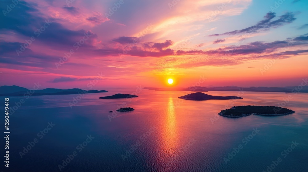 Aerial view of the sun setting behind islands at dusk, creating a colorful sky Aerial view of the sun setting behind islands at dusk, creating a colorful sky