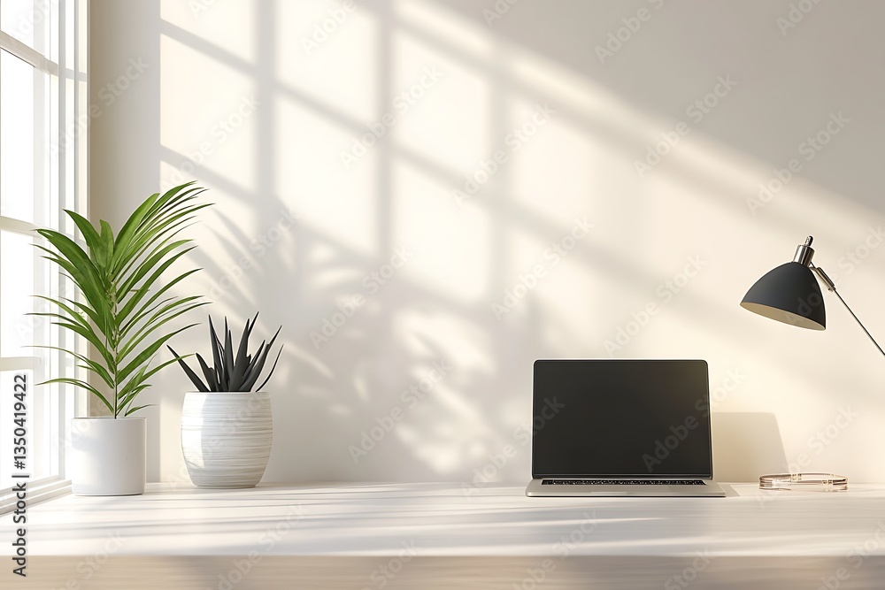 Minimalist Home Workspace with Laptop and Plants Minimalist Home Workspace with Laptop and Plants