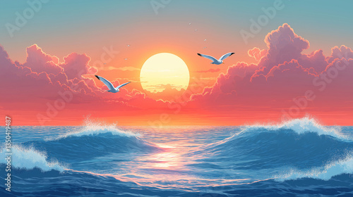 Vibrant sunset over a calm ocean with seagulls gliding gracefully through the colorful sky