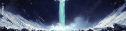 Stunning Vector Image of Majestic Waterfall Cascading Over Snowy Cliff in Serene Winter Landscape with Icy Blue Water and Scenic Rock Formations