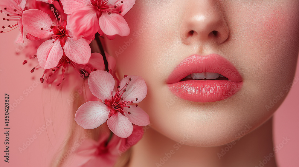 Delicate blossoms frame a serene face, capturing a moment of beauty and tranquility in a soft pink tableau during spring Delicate blossoms frame a serene face, capturing a moment of beauty and tranquility in a soft pink tableau during spring