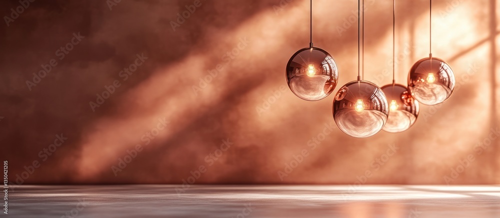 Obraz premium Warm toned copper spherical pendant lights casting a soft ambient glow in a minimalist contemporary interior design setting The glowing orbs create a cozy