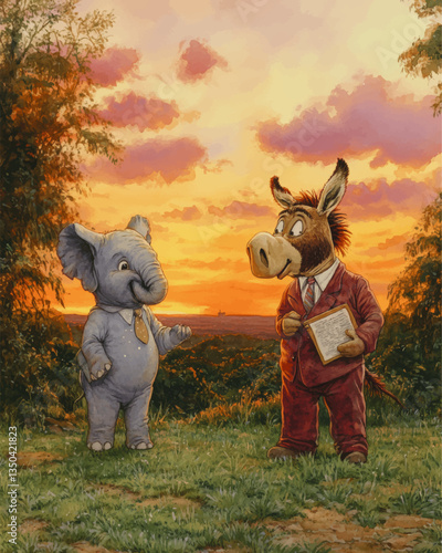 Whimsical Cartoon Elephant and Donkey in Political Discussion Amidst Vibrant Sunset Landscape – Symbolic Illustration of Bipartisanship and Peaceful Dialogue