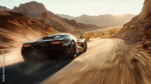 Black sports car speeding through a desert road.