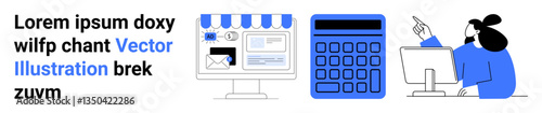 Online storefront, calculator, professional analyzing metrics. Ideal for e-commerce, business planning, online shopping, financial analysis, web design, data tracking simple landing page