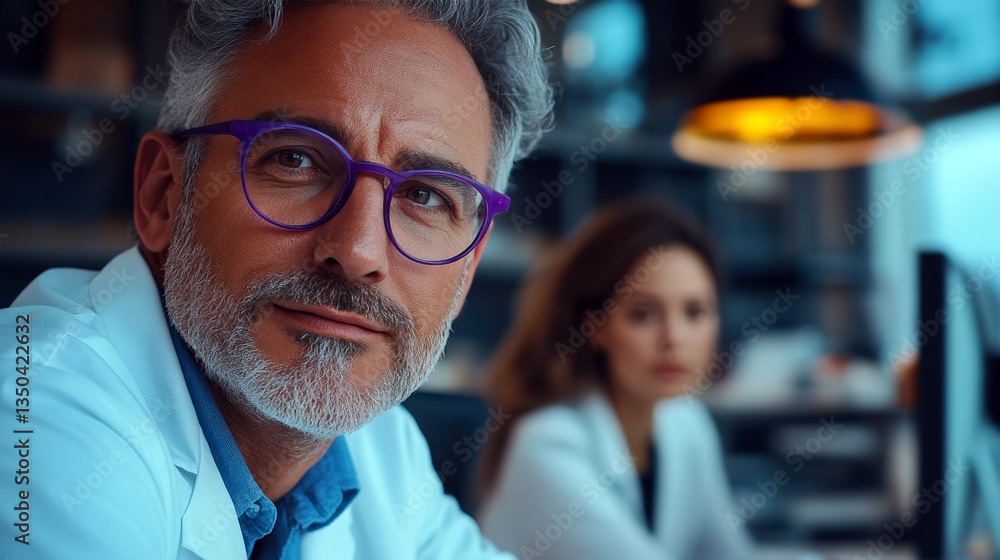 Obraz premium Senior doctor with purple glasses working on a computer.