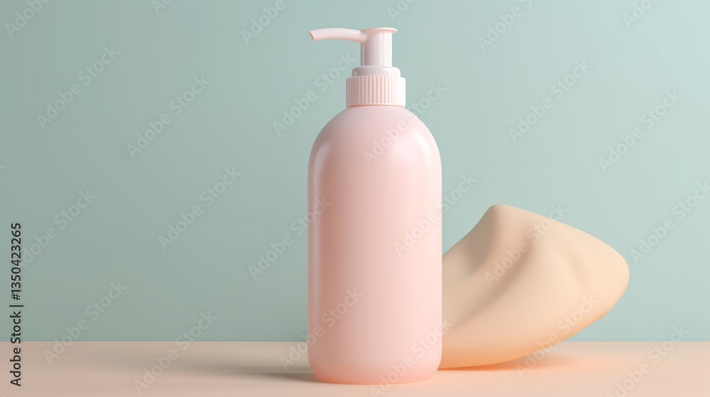 Pale Pink Lotion Bottle Posed Neatly Beside Soft Beige Lump Against a Light Teal Wall Backdrop Pale Pink Lotion Bottle Posed Neatly Beside Soft Beige Lump Against a Light Teal Wall Backdrop