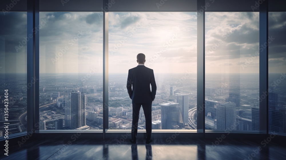 Pensive Businessman Standing at Window Overlooking City Skyline Contemplating Ambition and Success Pensive Businessman Standing at Window Overlooking City Skyline Contemplating Ambition and Success