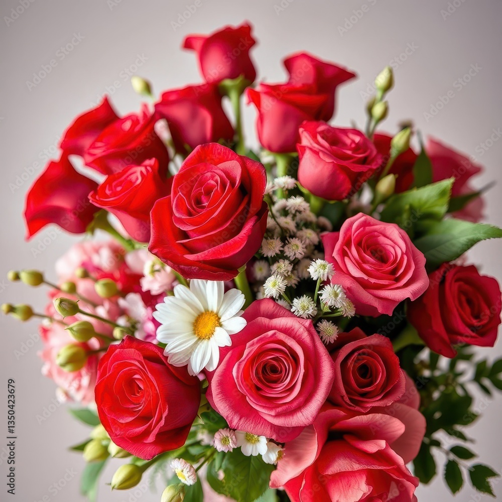 A vibrant bouquet of red roses and other Valentine's Day flowers, carnations, holiday A vibrant bouquet of red roses and other Valentine's Day flowers, carnations, holiday