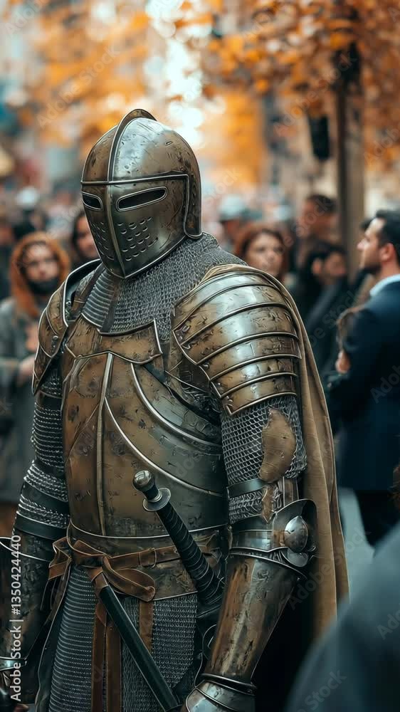 A mediaeval knight in armour amidst a hazy throng of people in a contemporary metropolis A mediaeval knight in armour amidst a hazy throng of people in a contemporary metropolis