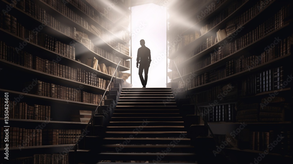 Silhouette Ascending Steps of Knowledge Doorway Symbolism Mystery Man in Library Brightness Silhouette Ascending Steps of Knowledge Doorway Symbolism Mystery Man in Library Brightness