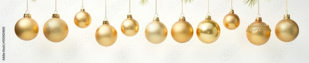Collection of shimmering gold Christmas baubles suspended on strings against a clean white background , luxury, decor, isolated Collection of shimmering gold Christmas baubles suspended on strings against a clean white background , luxury, decor, isolated