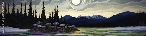Enchanting Forest Landscape at Sunset with Mystical Purple Mushrooms in Vibrant Vector Art Style Featuring Majestic Trees and Snowcapped Mountains