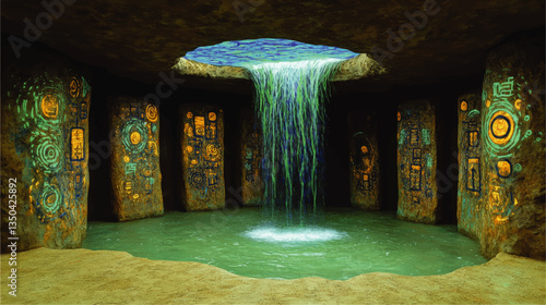 Mysterious Underground Cave with Waterfall and Ancient Glowing Symbols on Stone Pillars Vector Art – Explore Fantasy, Mystery, and Nature in Digital Artwork
