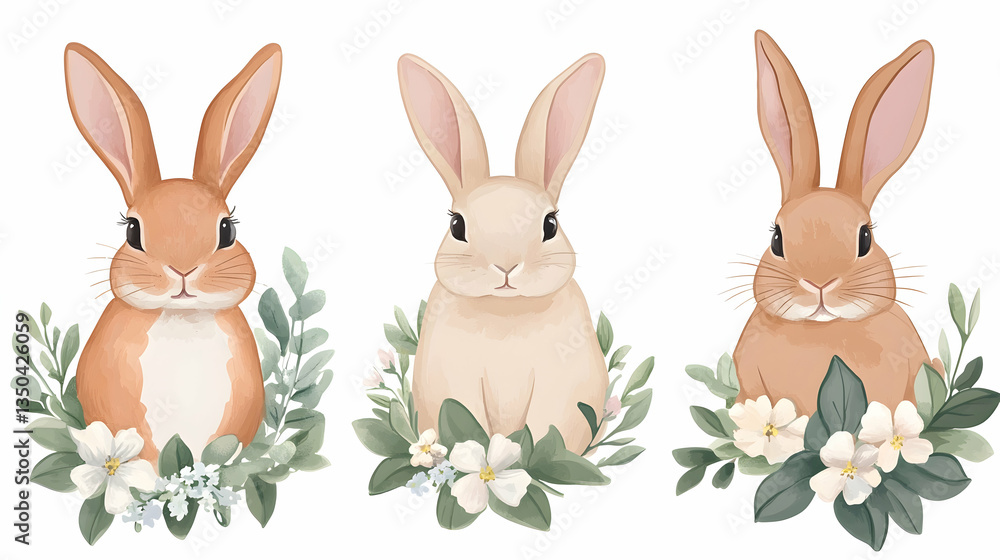 Obraz premium Three cute bunnies surrounded by flowers, spring illustration, perfect for Easter cards or children's book