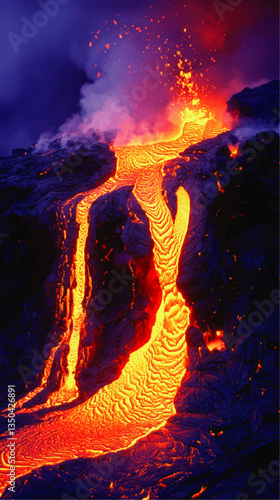 Captivating Vector Image of Molten Lava Flow from Volcano Eruption with Glowing Incandescent Colors against Dark Rock Background for Science and Nature Enthusiasts