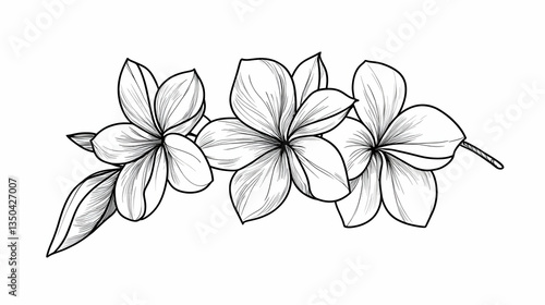 Tropical Plumeria flowers branch, line art, white background, botanical illustration, design element
