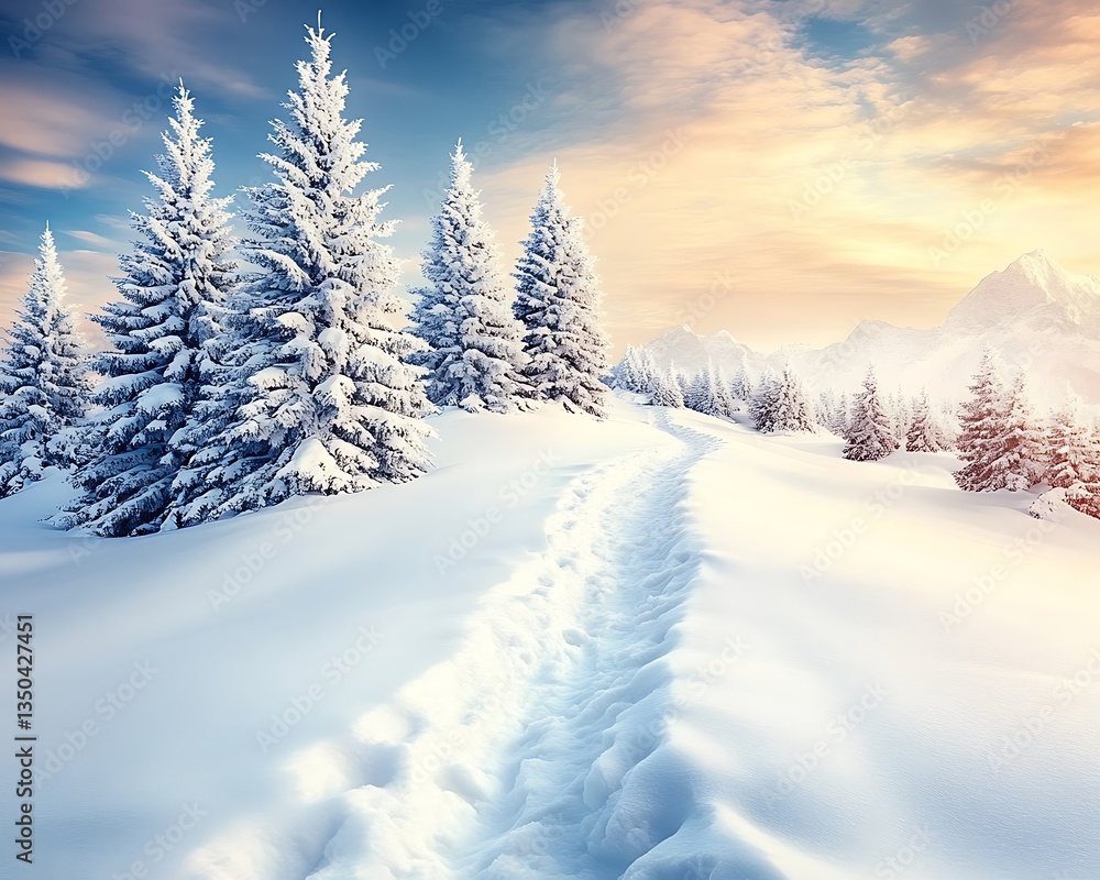 Fototapeta premium Snowy Mountain Path at Sunrise.