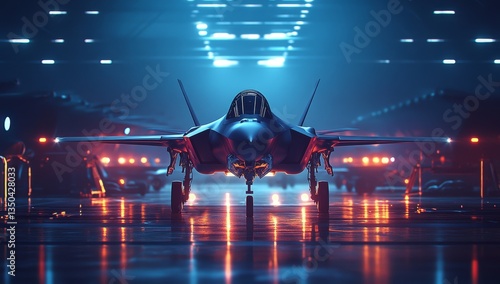 A Powerful Lockheed Martin F-35 Lightning II Fighter Jet Awaits Its Mission in a Futuristic, Neon-Lit Hangar