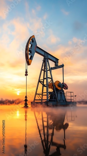 Sunrise Oil Pumpjack for Frozen Lake.