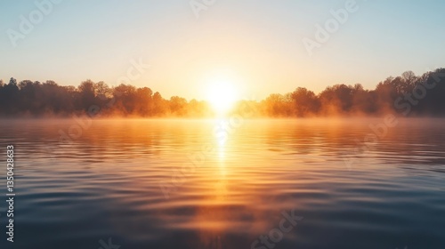 Sunrise over a calm lake with morning mist.