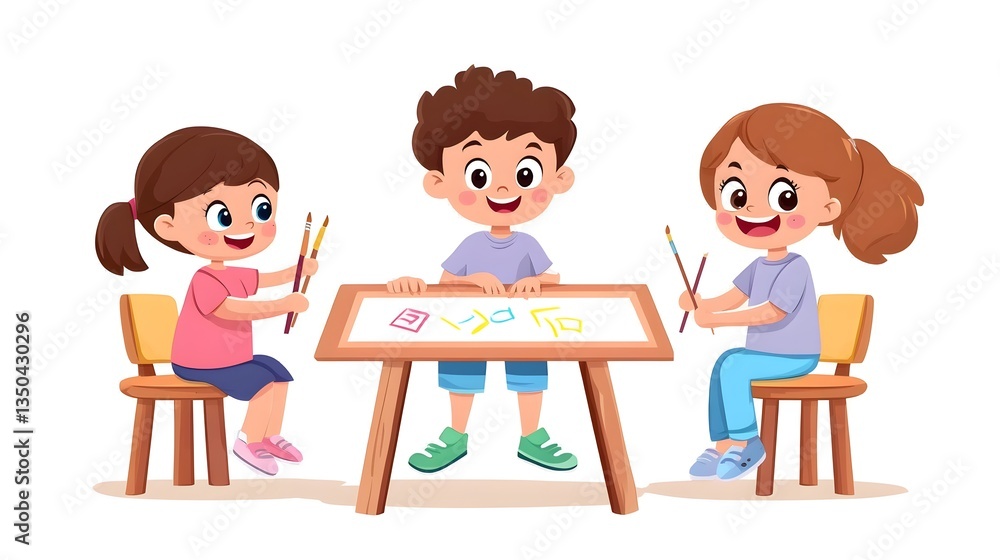 Young children drawing on a board with colored markers in a creative and playful educational setting Young children drawing on a board with colored markers in a creative and playful educational setting