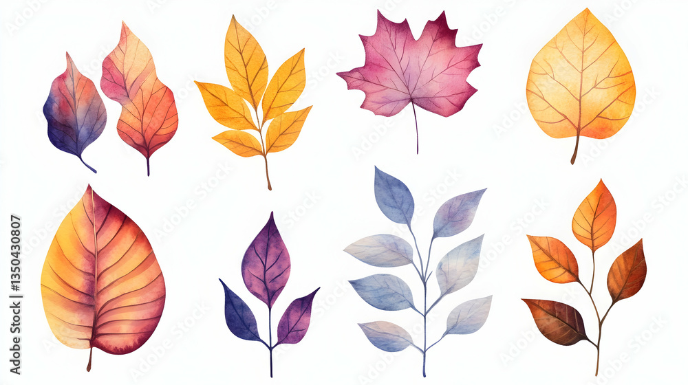 Fototapeta premium Watercolor autumn leaves collection; perfect for fall designs, greeting cards, or seasonal decorations