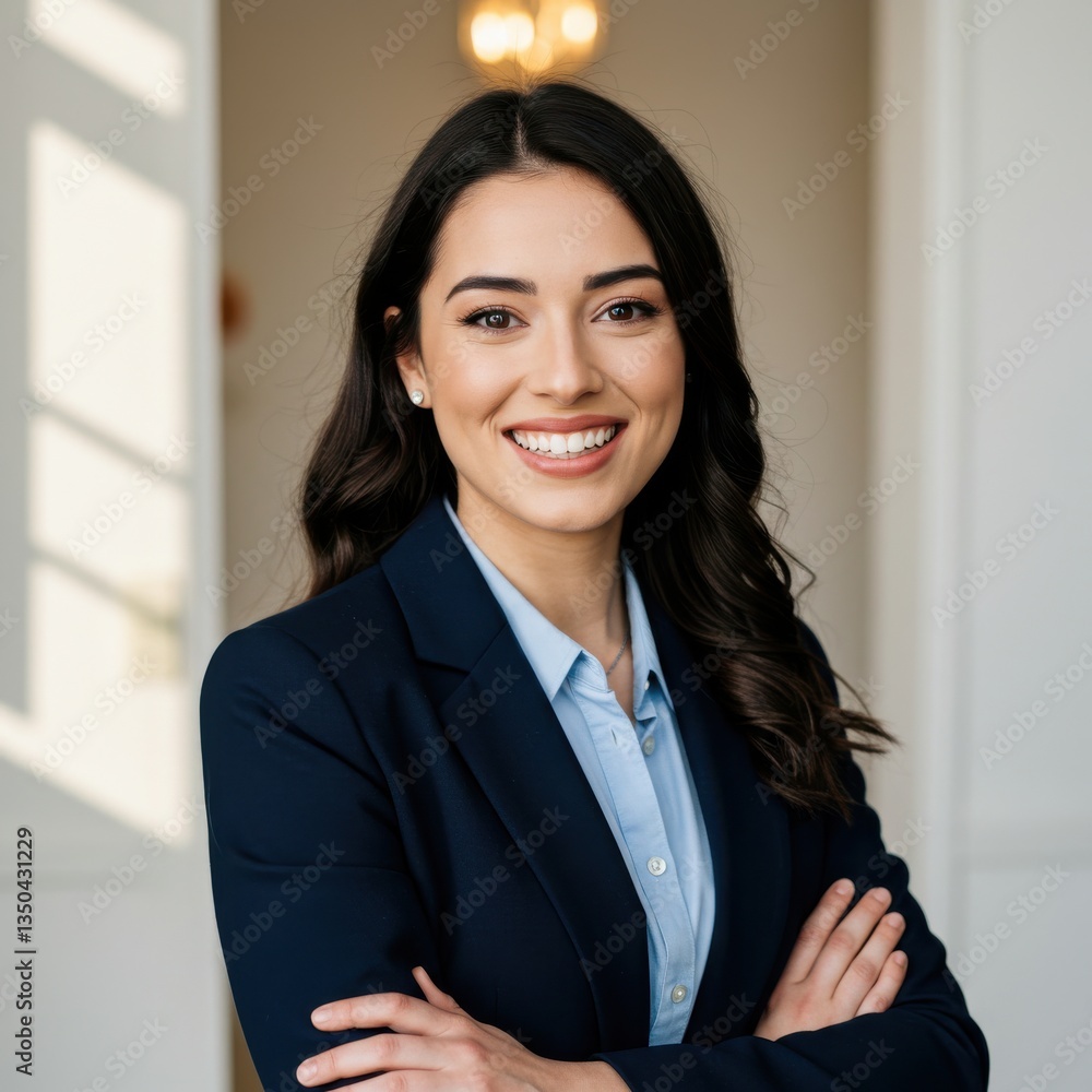 Professional headshot of a young woman in navy blazer with bright smile and confident pose Professional headshot of a young woman in navy blazer with bright smile and confident pose