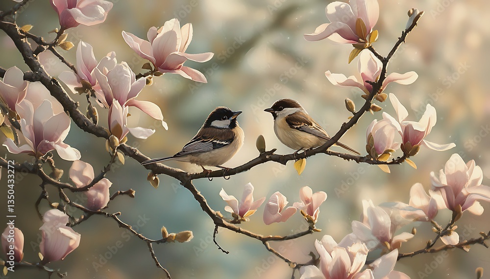 Small birds perched among blooming magnolia branches, offering another glimpse springa??s splendor. Small birds perched among blooming magnolia branches, offering another glimpse springa??s splendor.