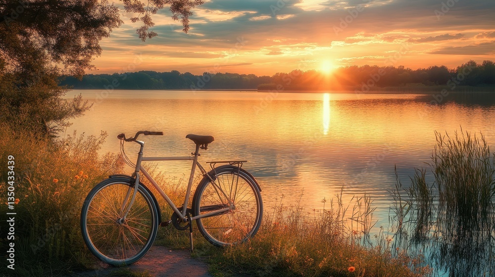Fototapeta premium Bicycle stands quietly by a tranquil lake as the sun sets, casting warm reflections across the water's surface, inviting moments of solitude and peace in nature