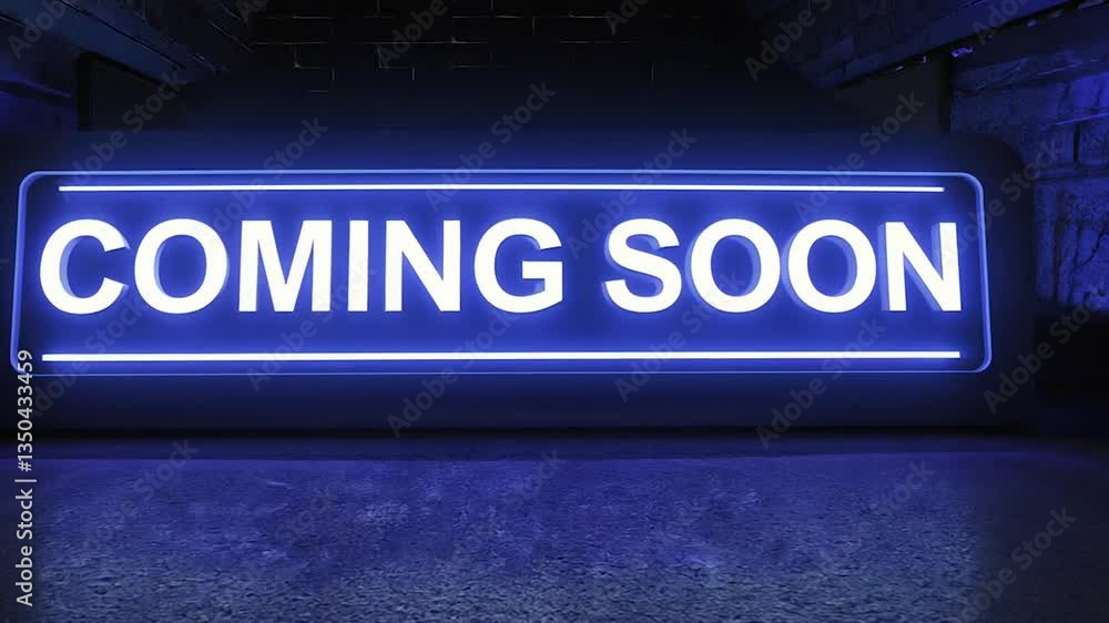 Dimly lit room with neon COMING SOON sign on concrete floor, brick wall Dimly lit room with neon COMING SOON sign on concrete floor, brick wall