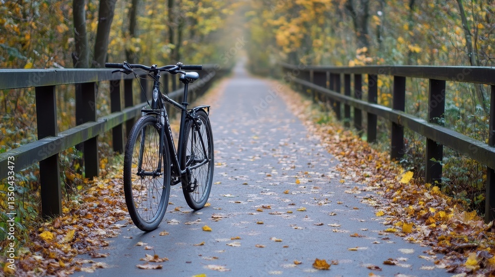 Bicycle path winding through a tranquil forest adorned with autumn leaves, bathed in golden light and surrounded by the beauty of nature's seasonal transition Bicycle path winding through a tranquil forest adorned with autumn leaves, bathed in golden light and surrounded by the beauty of nature's seasonal transition